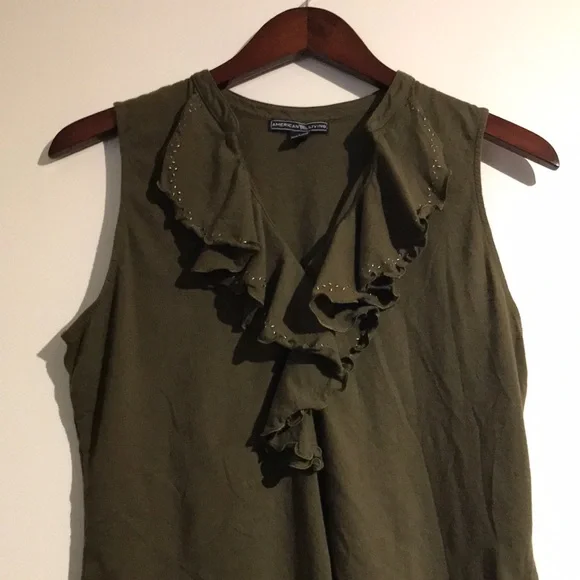 American Living Women's Olive Ruffle Neck Sleeveless Cotton Blouse Top Size L - Picture 12 of 16